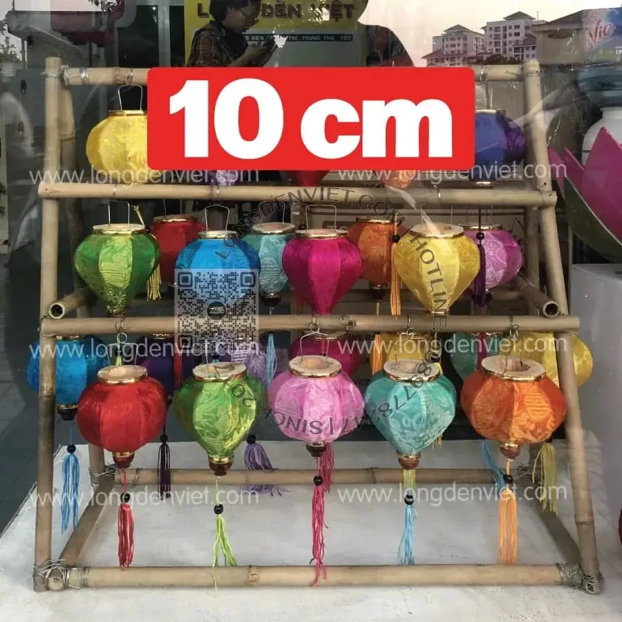 Bộ 10 cái đèn tre vải lụa kiểu tròn tỏi 10cm đủ màu — đèn ngoài trời Hội An | LongDenViet