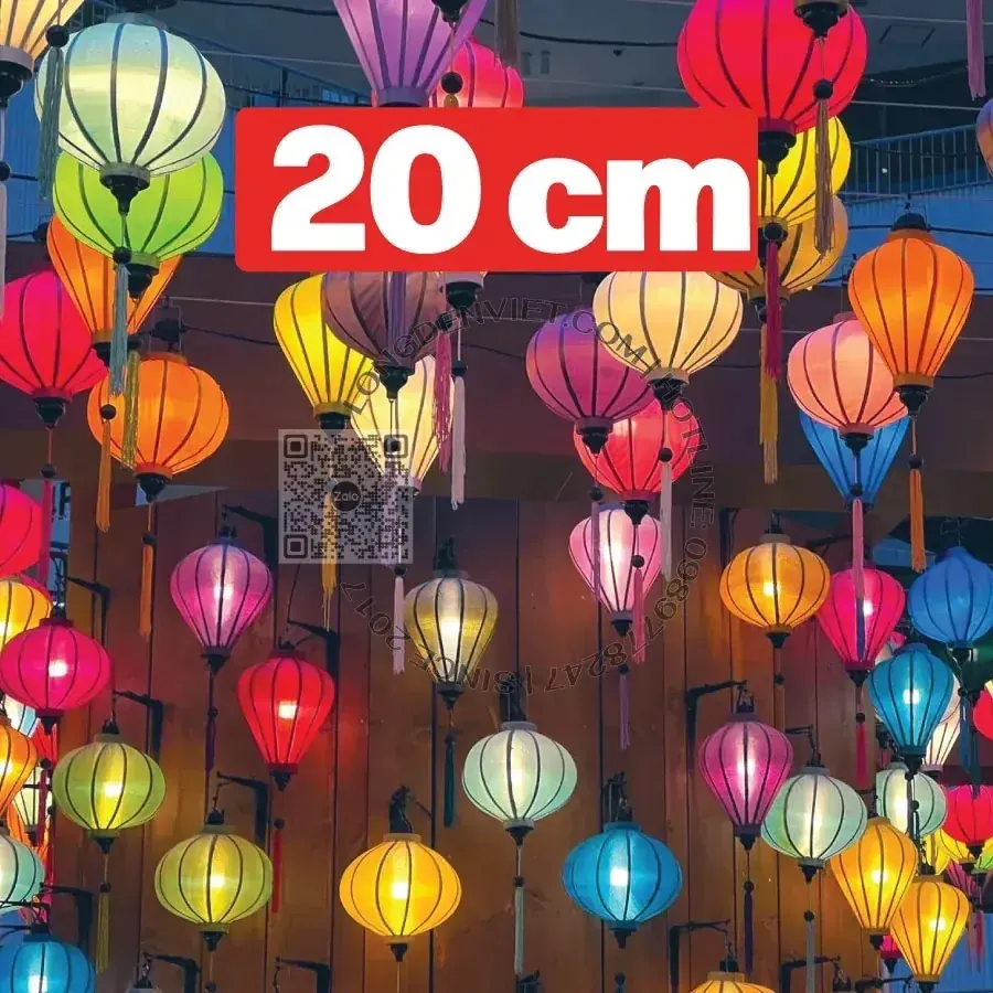 Bộ 10 cái đèn tre vải lụa kiểu tròn tỏi 20cm đủ màu — đèn ngoài trời Hội An | LongDenViet